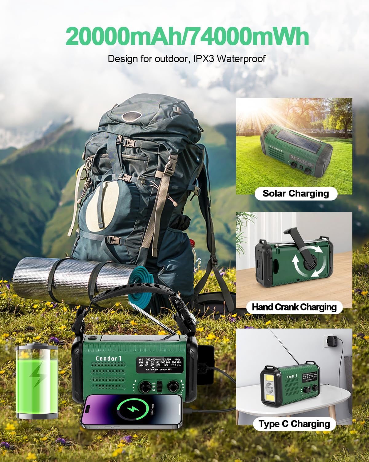 Emergency Crank Radio  20000mah / 74000mwh Solar Hand Weather With Noaa/am/fm Cell Phone Reading Lamp Flashlight & Sos For Emergencies/home (green)