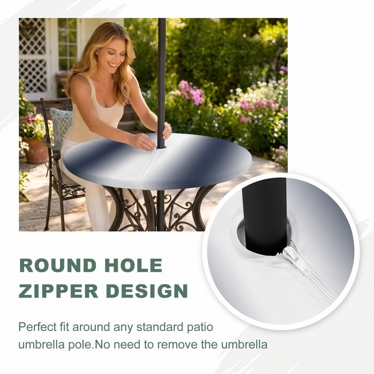 60inch round patio cover with umbrella hole Round Outdoor Tablecloth with Umbrella Hole and Zipper, Sage Green White  Ombre Fitted Table Cover with Elastic Edge for 31-35 Inch, Modern Abstract