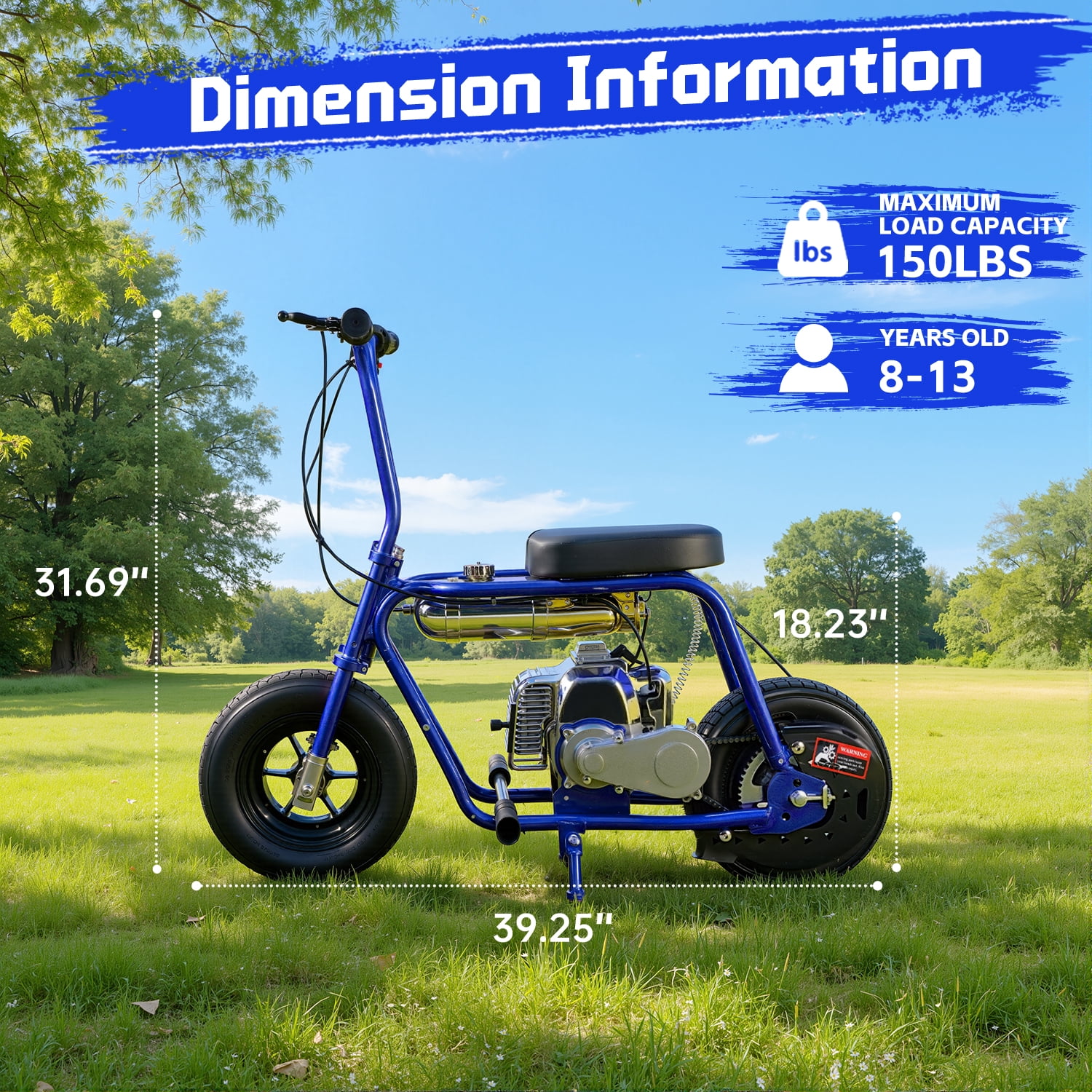 TOXOZERS 50cc Mini Bike, Gas-Powered Mini Dirt Bike with Extra-Wide Seat,Perfect Gift for Kids 8+,25 MPH & 150 LBS Capacity,Blue