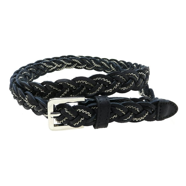 BC Belts - Womens Skinny Braided Black Leather Belt with Thin Chain Laced - 0 ...
