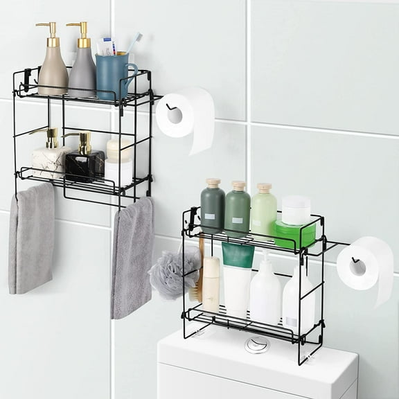 Over The Toilet 2-Tier Storage Shelf Organizer Metal Basket with Paper Towel Holder, 2 Pack