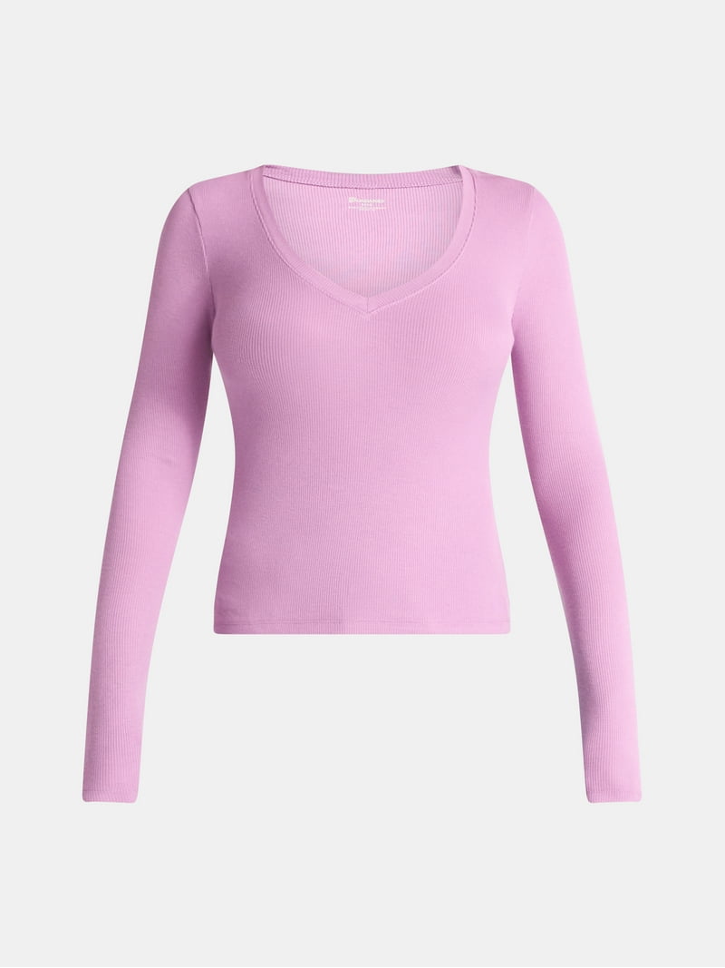 No Boundaries V-Neck Ribbed Top with Long Sleeves, Women's