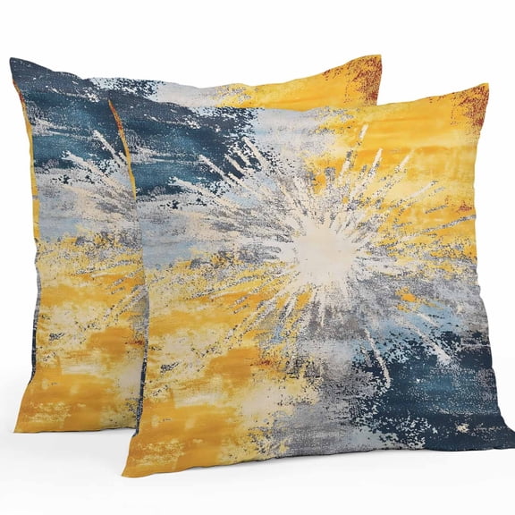 Blue Yellow Abstract Art Waterproof Outdoor Throw Pillow Covers 16''x16'' Pack 2, Pillow Cases Throw Cushion Cover with Zipper, Modern Art Washable Pillowcase for Poolside Sofa