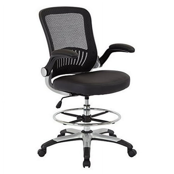 Office Star Breathable Mesh Back and Padded Faux Leather Seat Drafting Chair with Flip Arms and Silver Accents Black