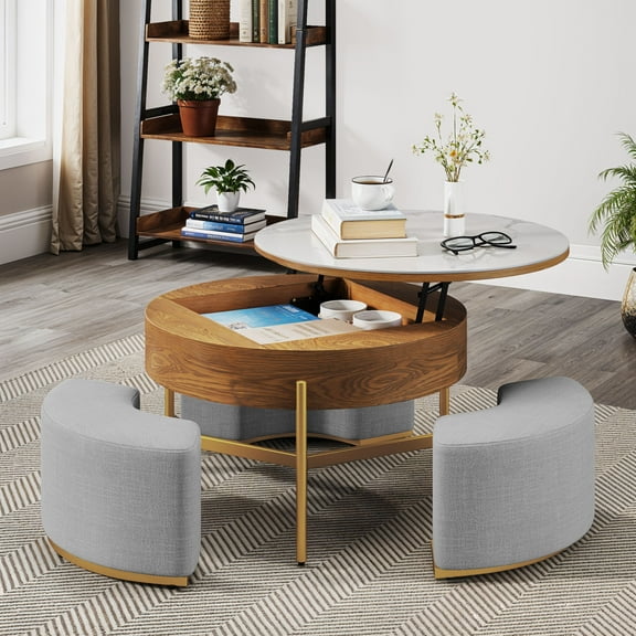 ModFusion Lift-Top Storage Coffee Table and 3 Stools, Modern Faux Marble Gray & Walnut