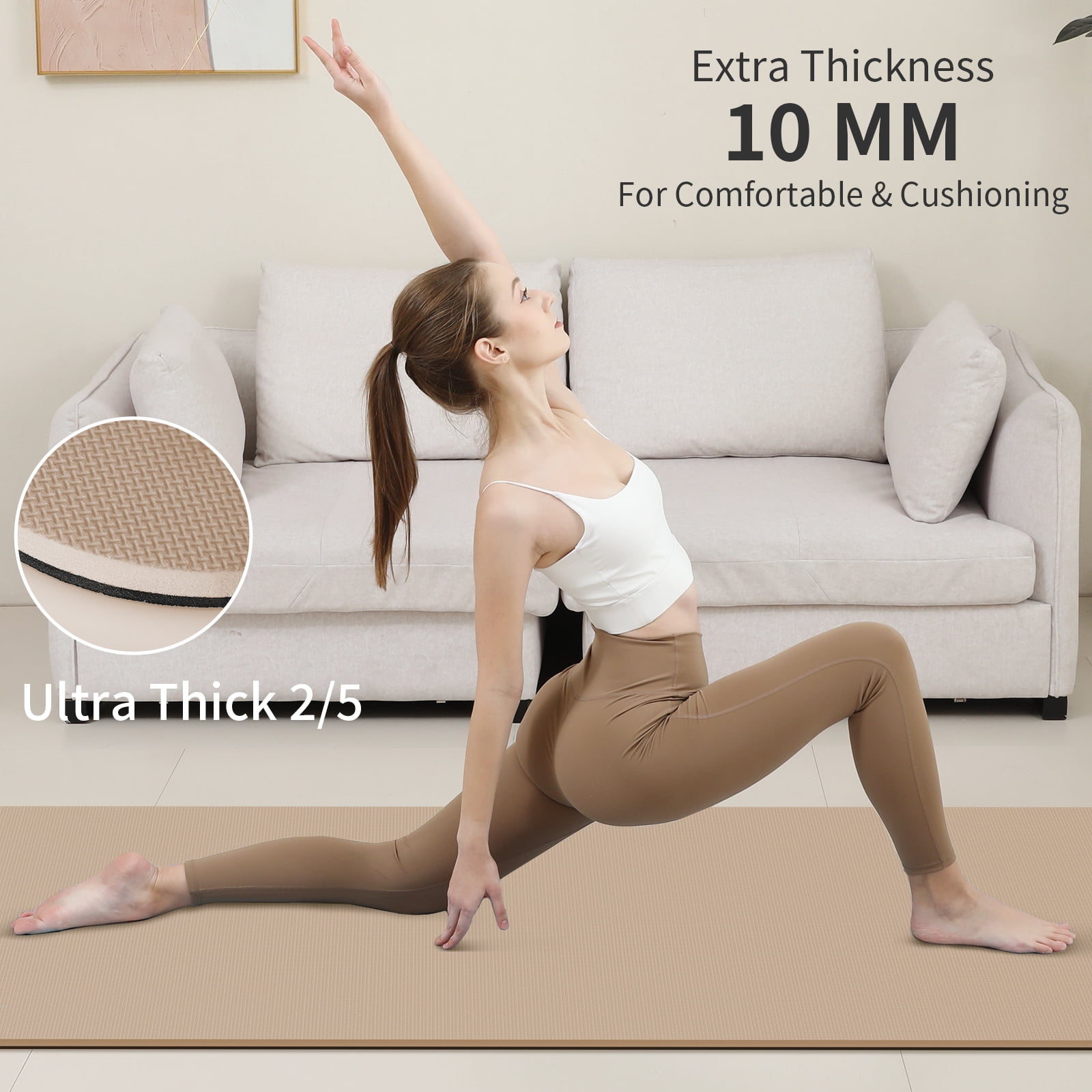 4W 10mm Thick Yoga Mat- TPE Non-Slip Exercise Mats with Strap for Home Workout/Pilatesfor Women Men72"×26"(Beige + Black)