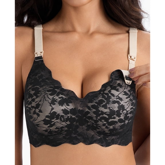 Momfree Lace Nursing Bra for Breastfeeding, Black Seamless Padded Maternity Bra with Fixed Padding,Soft Deep V Bra Sleep Bralette for Women L