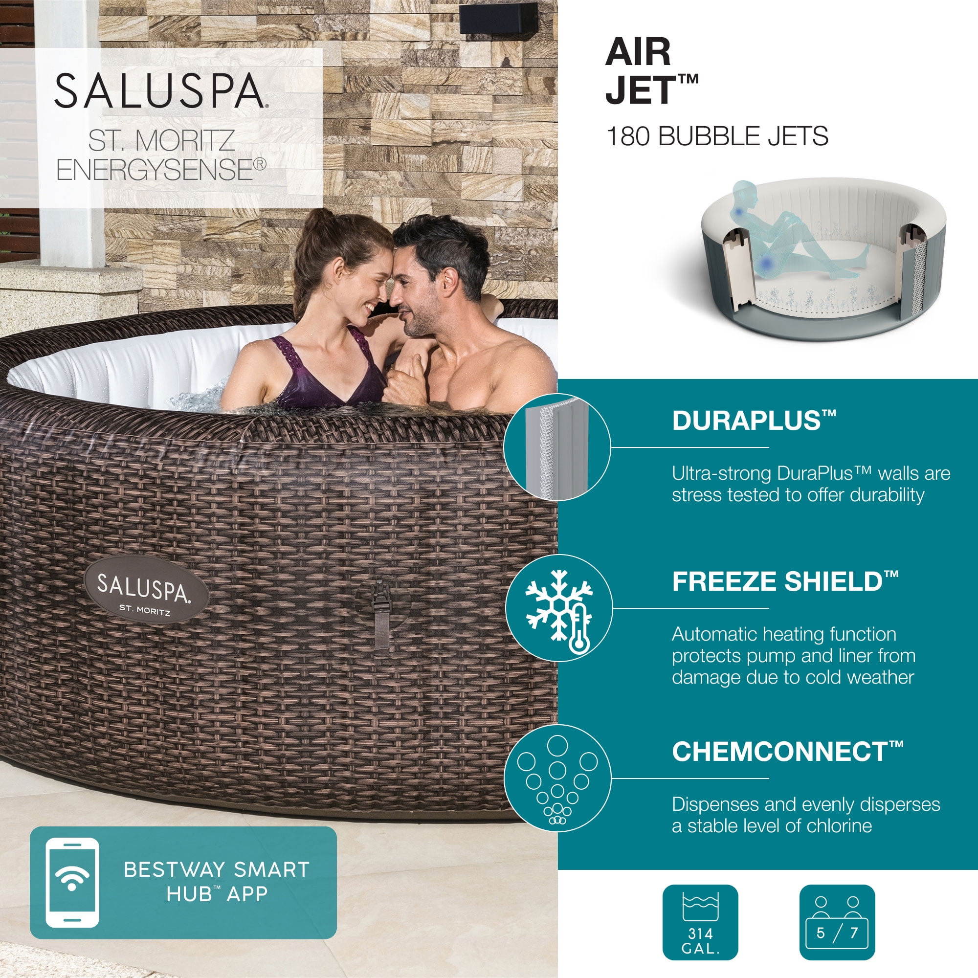 Open Box Bestway SaluSpa St Moritz AirJet Hot Tub w/ EnergySense Cover, Brown