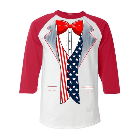 Shop4Ever Men's 4th of July USA Tuxedo American Flag Costume Raglan Baseball Shirt Medium White/Red
