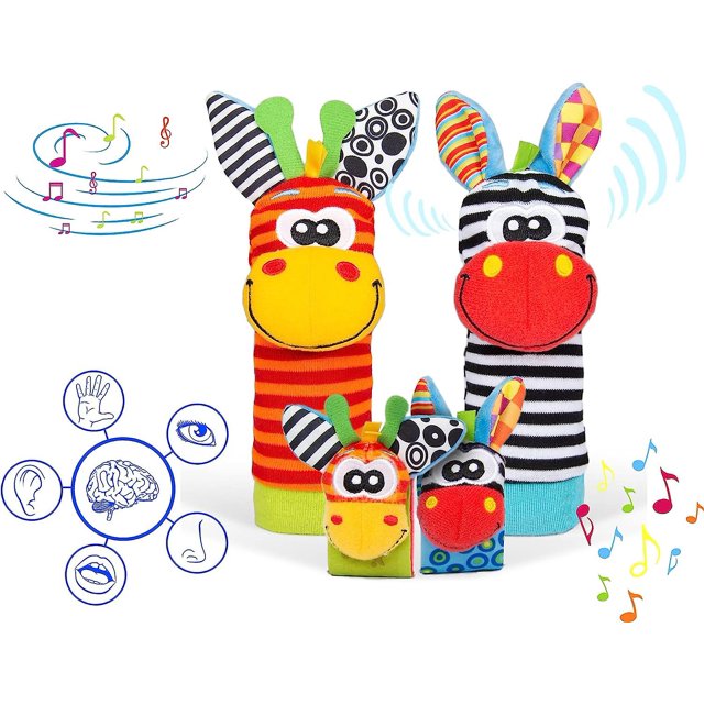 Juguetes De Sonajero - Lindos 4 Piezas De Animales Infantiles (2 Piezas De Cintura Y Calcetines) 2 Piezas De Sonajeros con Correa De Campana Suave para La Muñeca Y Juego De Calcetines para Buscador De Pies, Juguetes Blandos Educativos para C Rojo Verde Cocina, Decoración y Otros