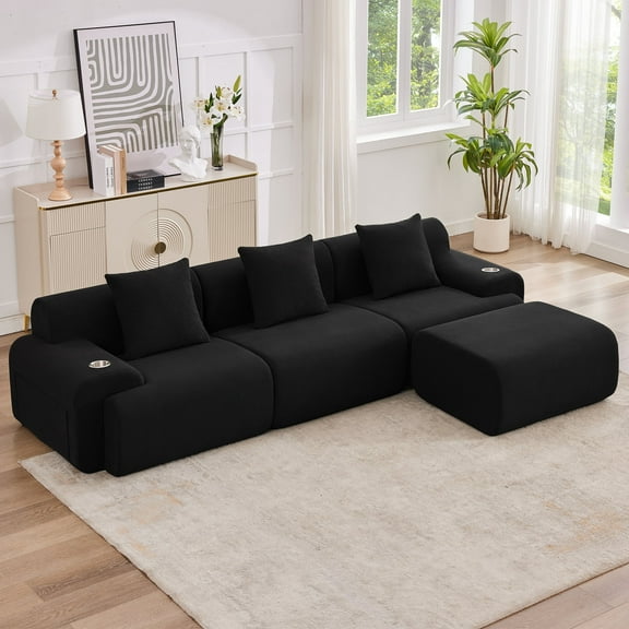 L-Shaped Sectional Sofa Modular Couch with 3 Pillows and Chaise Ottoman, Black