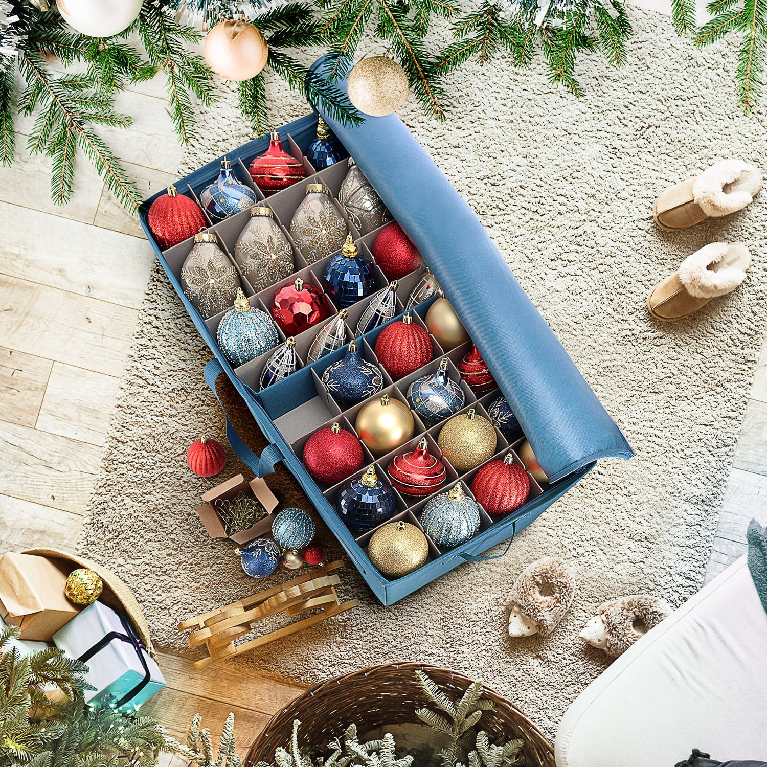 Hearth & Harbor Pack of 2 Large Christmas Ornament Storage Box with Adjustable Dividers, POLYESTER, Blue
