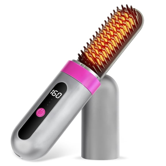 FLAZECON Cordless Hair Straightener Brush, Portable 300M Negative Ion Straightening Comb with Type-C Charging, 3 Heat Settings, LED Display, Anti-Scald Ceramic for Travel & Daily Use