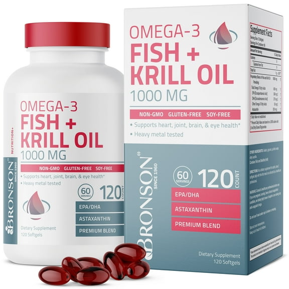 Bronson Omega-3 Fish   Krill Oil 1000MG Support Heart, Joint, Brain & Eye Health - Heavy Metal Tested - NON-GMO, 120 Softgels (60 Servings)