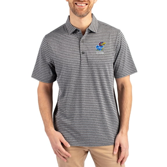 Men's Cutter & Buck Heather Black Kansas Jayhawks Alumni Forge Eco Double Stripe Stretch Recycled Polo