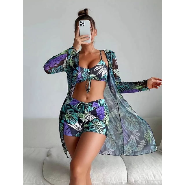 Juego De Traje De Baño Bikini Para Mujer Con Abrigo 3 Piezas