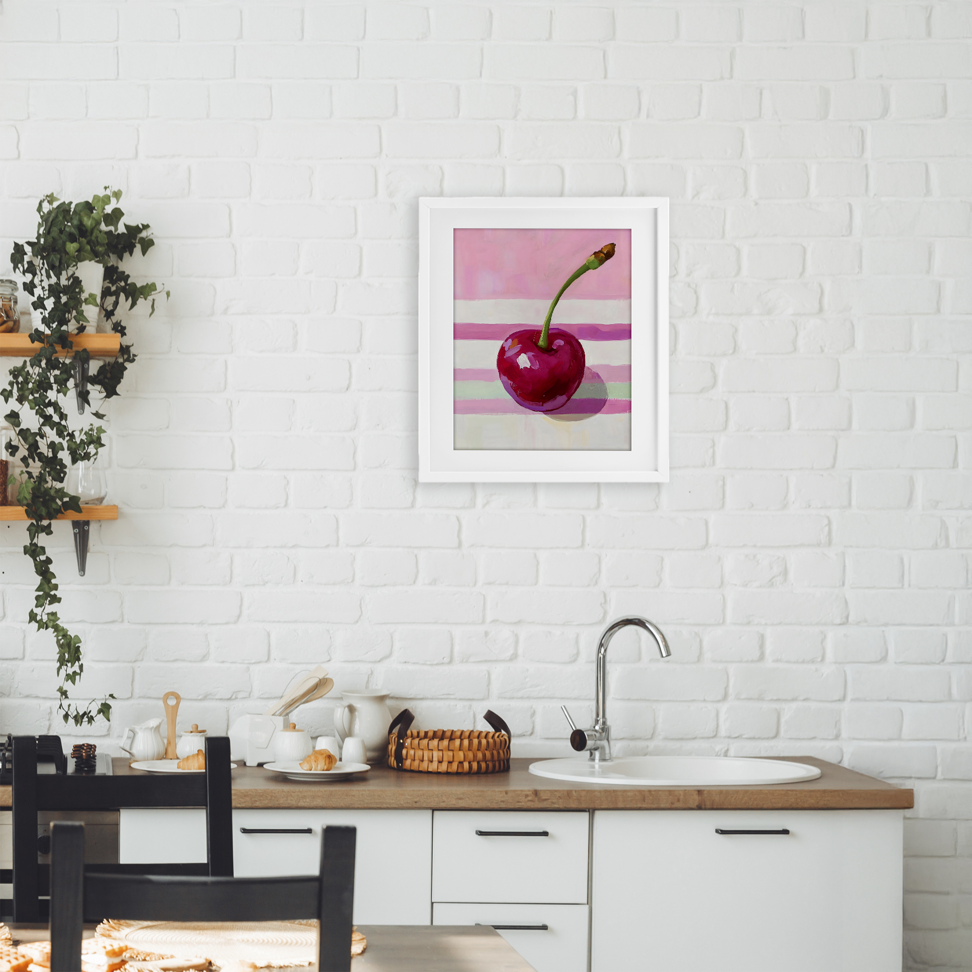 Stupell Industries Cherry on Pink Stripes White Framed Print Under Glass, design by The Prints Vibe
