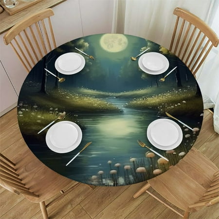 

Orinice Moon Flowers Magical Atmosphere Round Table Cover Stain Resistant Washable Indoor Outdoor Tablecloth Kitchen Dining Wedding Parties Table Cloth 100% Polyester Fiber 54-58