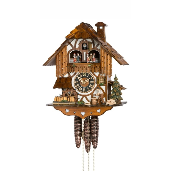 Cuckoo Clock Black Forest house with moving wood chopper and mill wheel