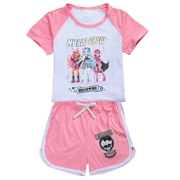Girls' short sleeved set Monster high children's girls' short sleeved T-shirt shorts sports set movie, TV game cartoon children's fashion casual set, suitable for children aged 5-13