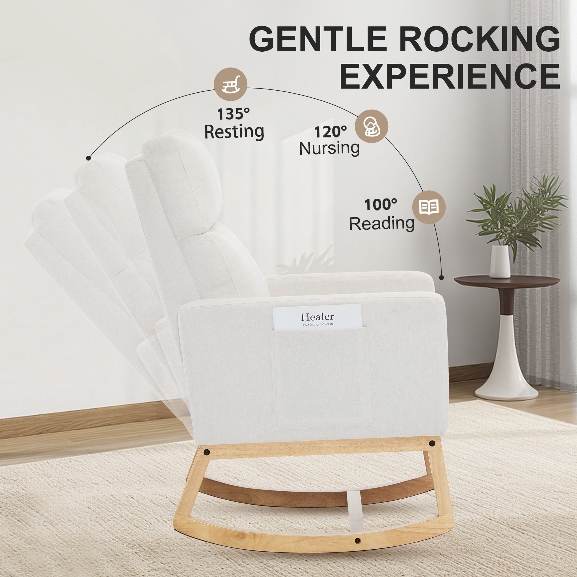 SAETSFEG Rocking Chair Nursery,Linen Upholstered Glider Rocker with Side Pocket and Wood Legs, Modern Accent Chair for Small Space, Living Room, Bedroom, Ivory