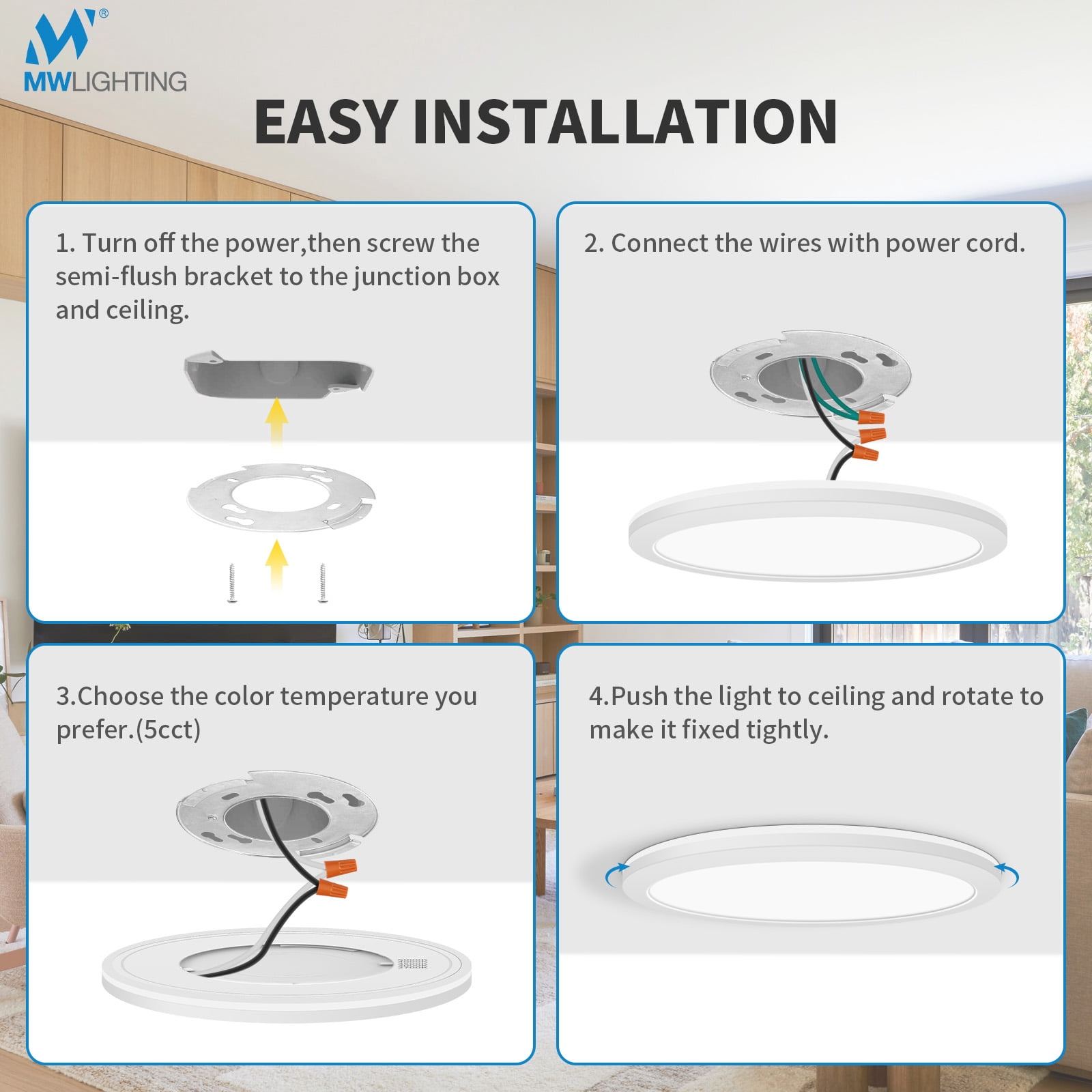 MW 12 Inch LED Flush Mount Night Lights, 24W，1500Lm，2700K-5000K 5CCT, Dimmable,Ceiling Lamp Surface Mount Round Lighting Fixture For Bedroom Living Room，White