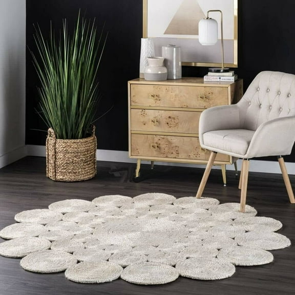 Natural Jute Round white Color Hand Braided Home Area Rug Living room Area rug Indoor Outdoor Carpet Door Mat-5x5 Square Feet (60x60 Inch)