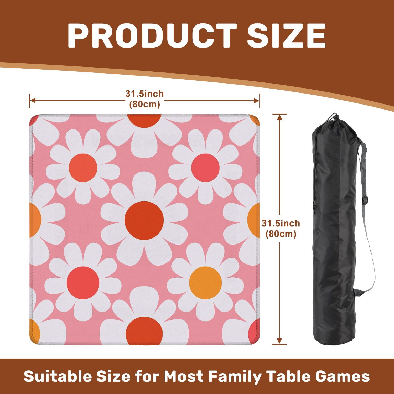 Mahjong Mat 31.5" x 31.5" Colorful Daisy Flower Pink Non-Slip Noise Reduction American Mahjong Tiles Table Cover for Dominoes Poker Card Board Games Gift