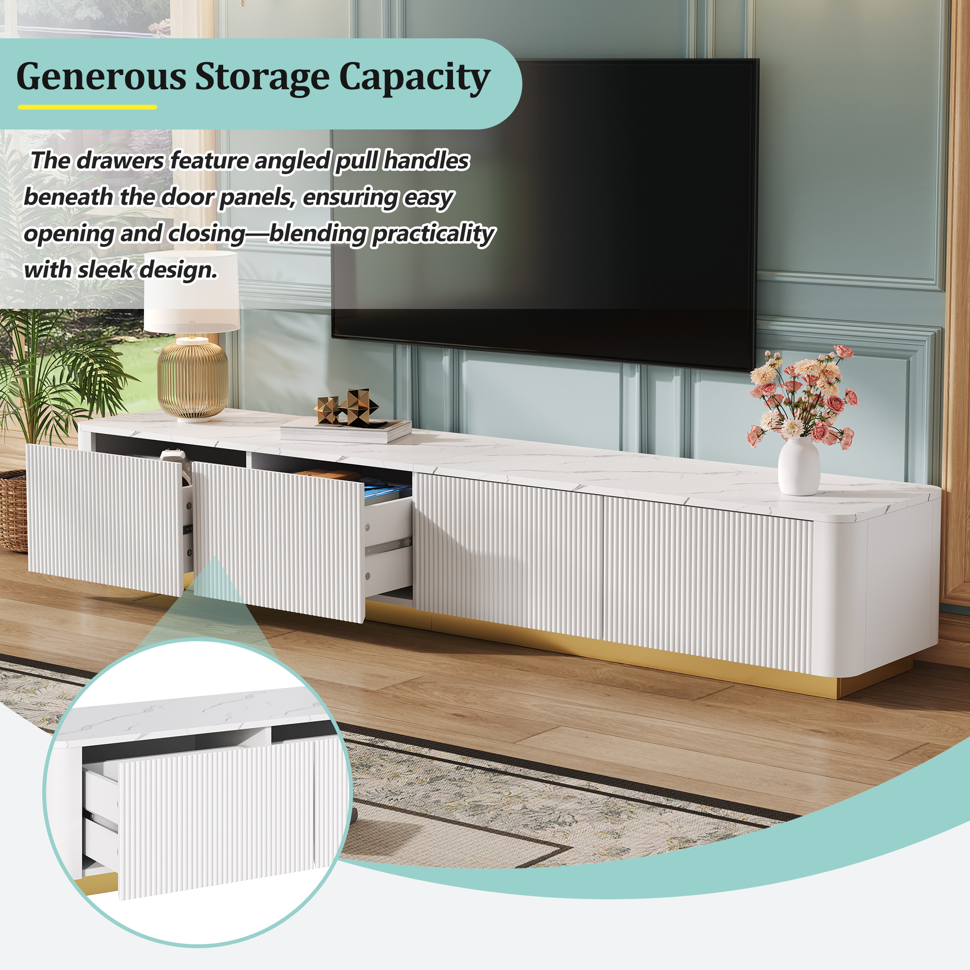 HIUU Luxury TV Stand with Faux Marble Table Top,Marble TV Stand Modern,Fluted TVs Console with Storage for TVs Up to 85",White Entertainment Center with Gold Base