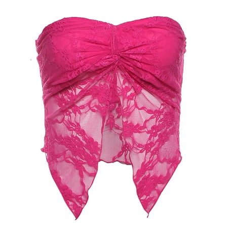 Mrasaso New Arrivals! Sports Bra Womenlace Lingerie Women s Slim Street Fashion One Neck Gauze Mesh Wrapped ChestStrapless and Sexy(1pc Tube Top) Hot Pink|S