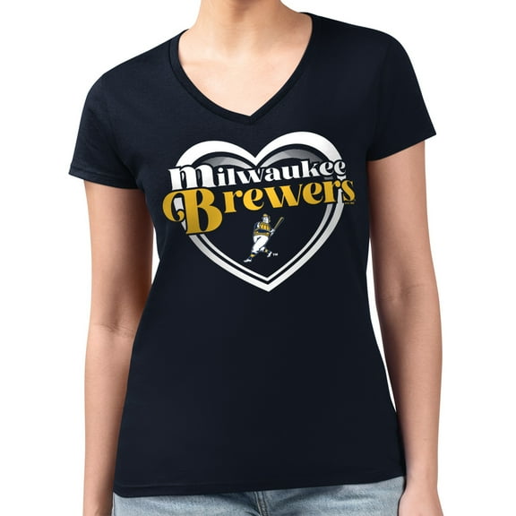 Women's G-III 4Her by Carl Banks Navy Milwaukee Brewers Double Heart Fitted V-Neck T-Shirt
