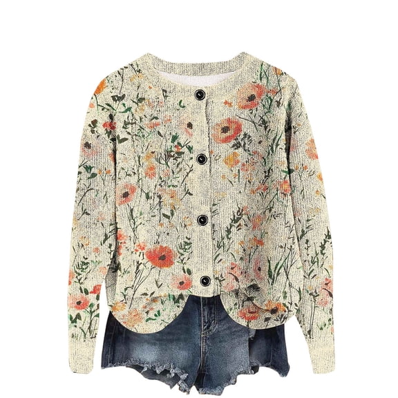 Miqool Women's Printed Cardigan Button Long Sleeve Round Neck Hoodless Lightweight Loose Fit Top Outwear