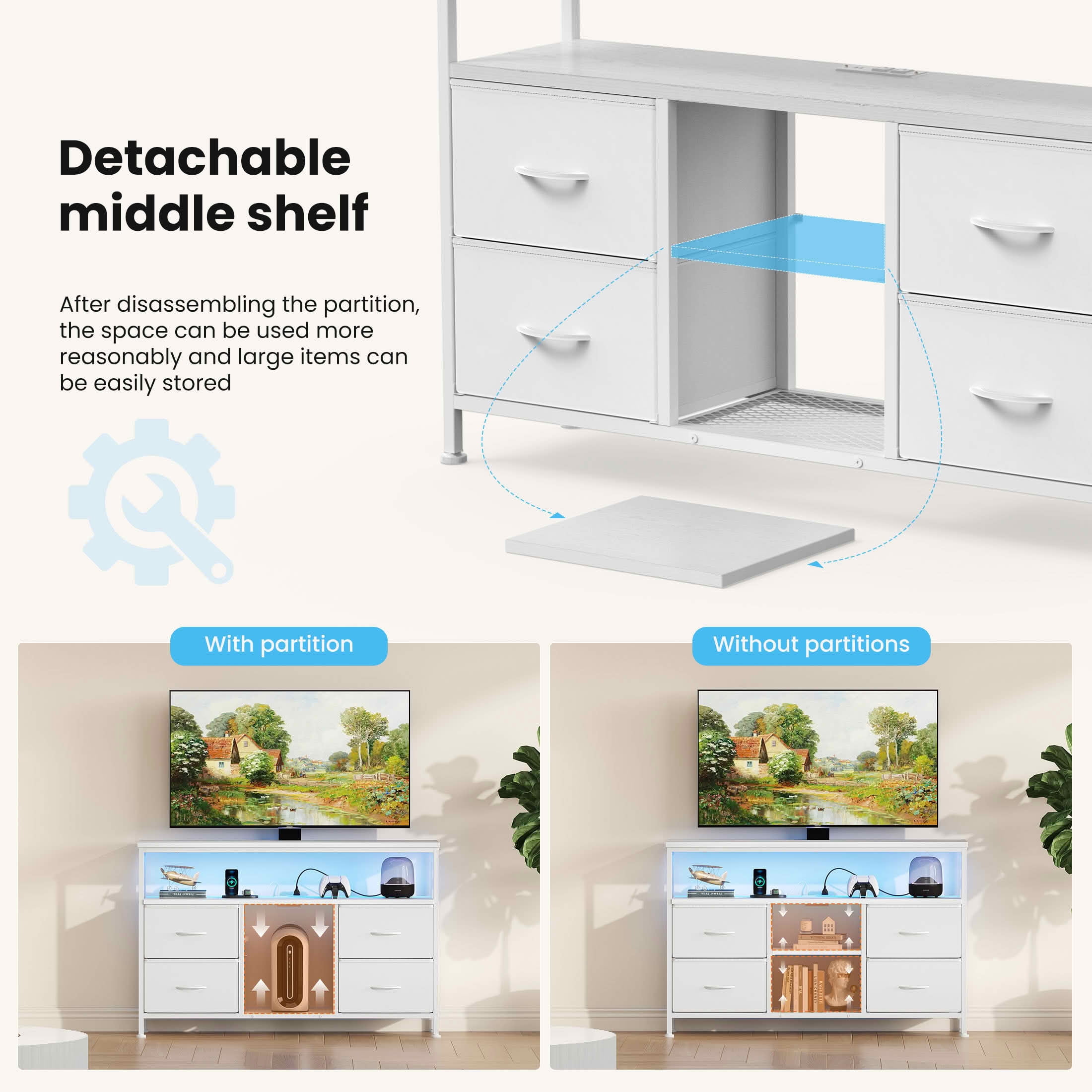 MAYEERTY 50-Inch TV Stand with 4 Drawers LED Lights & Power Sockets, Open Shelves Adjustable Feet