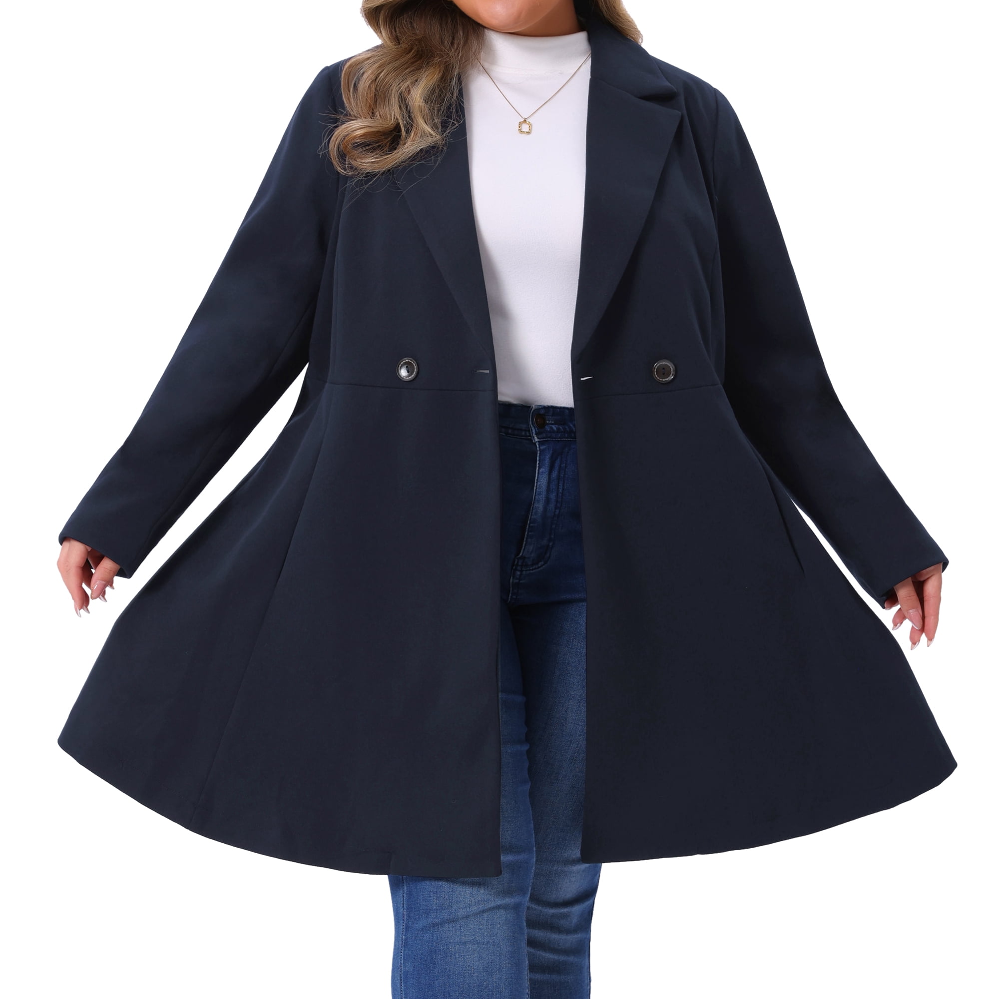 DARING DIVA Women's Plus Size A Line Notched Lapel Double Breasted Coat 1X Dark Blue