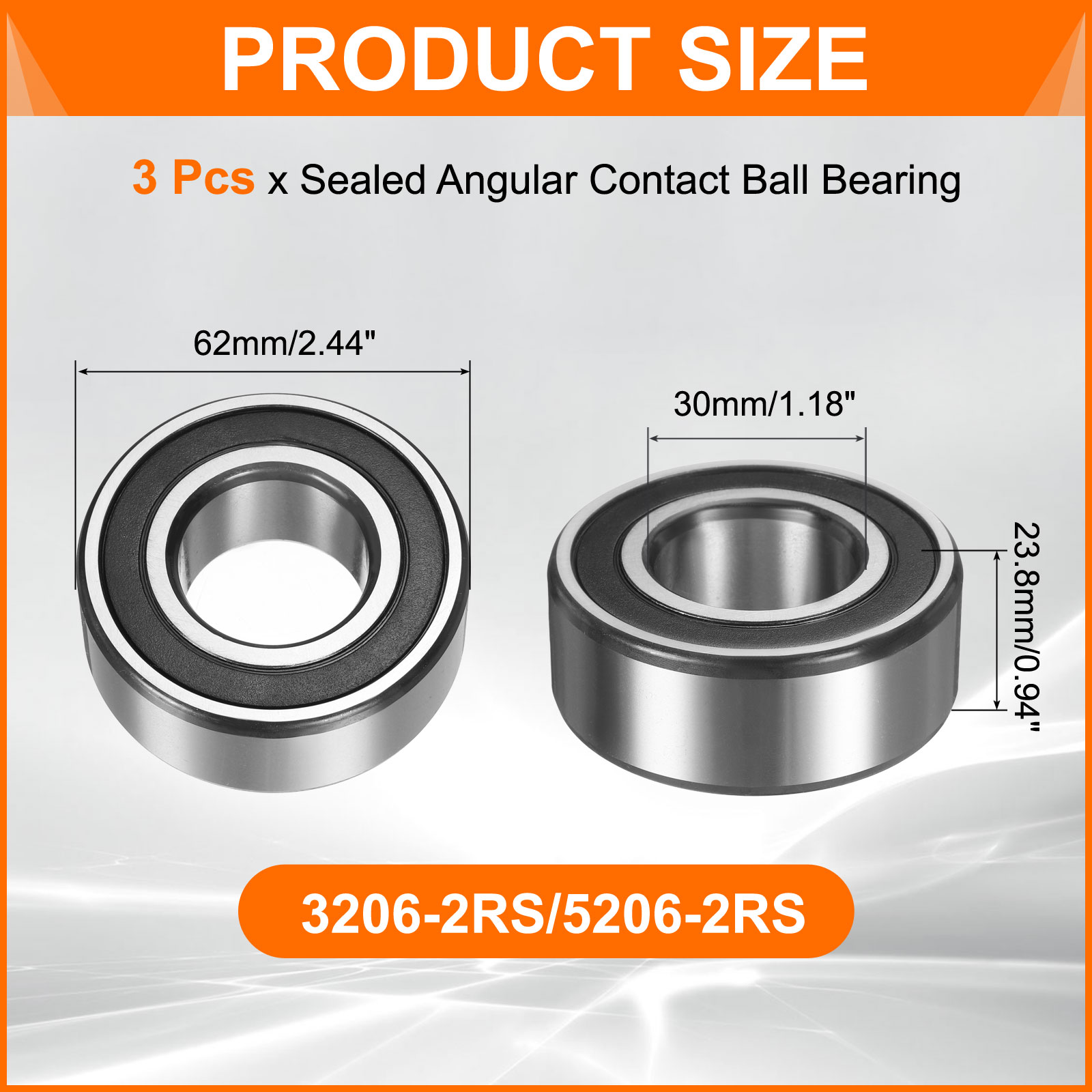 Uxcell 3 Pack 3206-2RS/5206-2RS Double Row Sealed Angular Contact Ball Bearing, 30 x 62 x 23.8mm Ball Bearings for Electric Motor, Pumps, Compressors, Agricultural Machinery