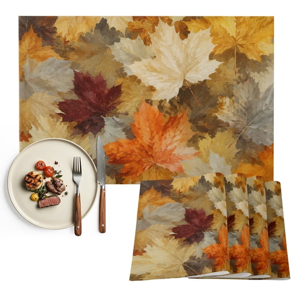Maple Leaves Fall Placemats Set of 6, Thanksgiving Autumn Botanical Washable Wipeable Table Mats for Dining Tables, Indoor Outdoor Kitchen Place Mats for Holiday Party Table Decor