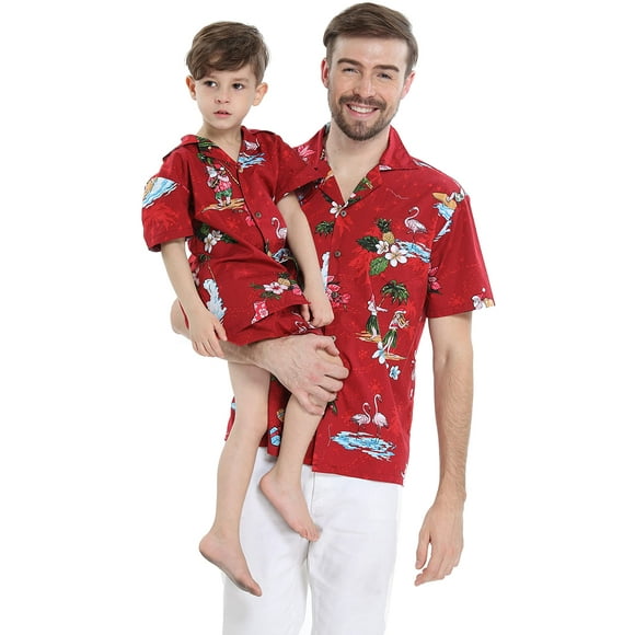 Matching Father Son Hawaiian Luau Outfit Christmas Men Shirt Boy Shirt Shorts Red Santa Flamingo
