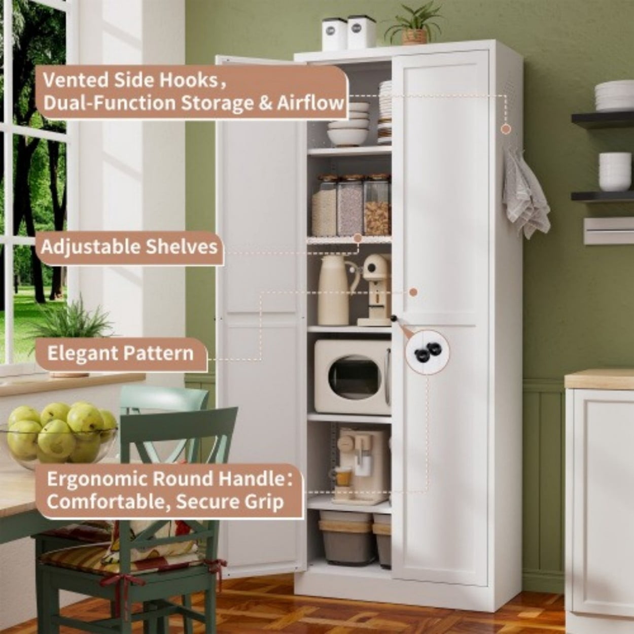 72" White Metal Kitchen Pantry Cabinet with Doors, Heavy Duty Freestanding Storage Organizer, 5 Adjustable Shelves, Tool-Free Assembly Cabinet for Kitchen Bathroom Pantry, White