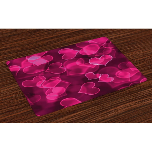 Hot Pink Placemats Set of 4 Cute Sweet Heart Shapes on Blurry