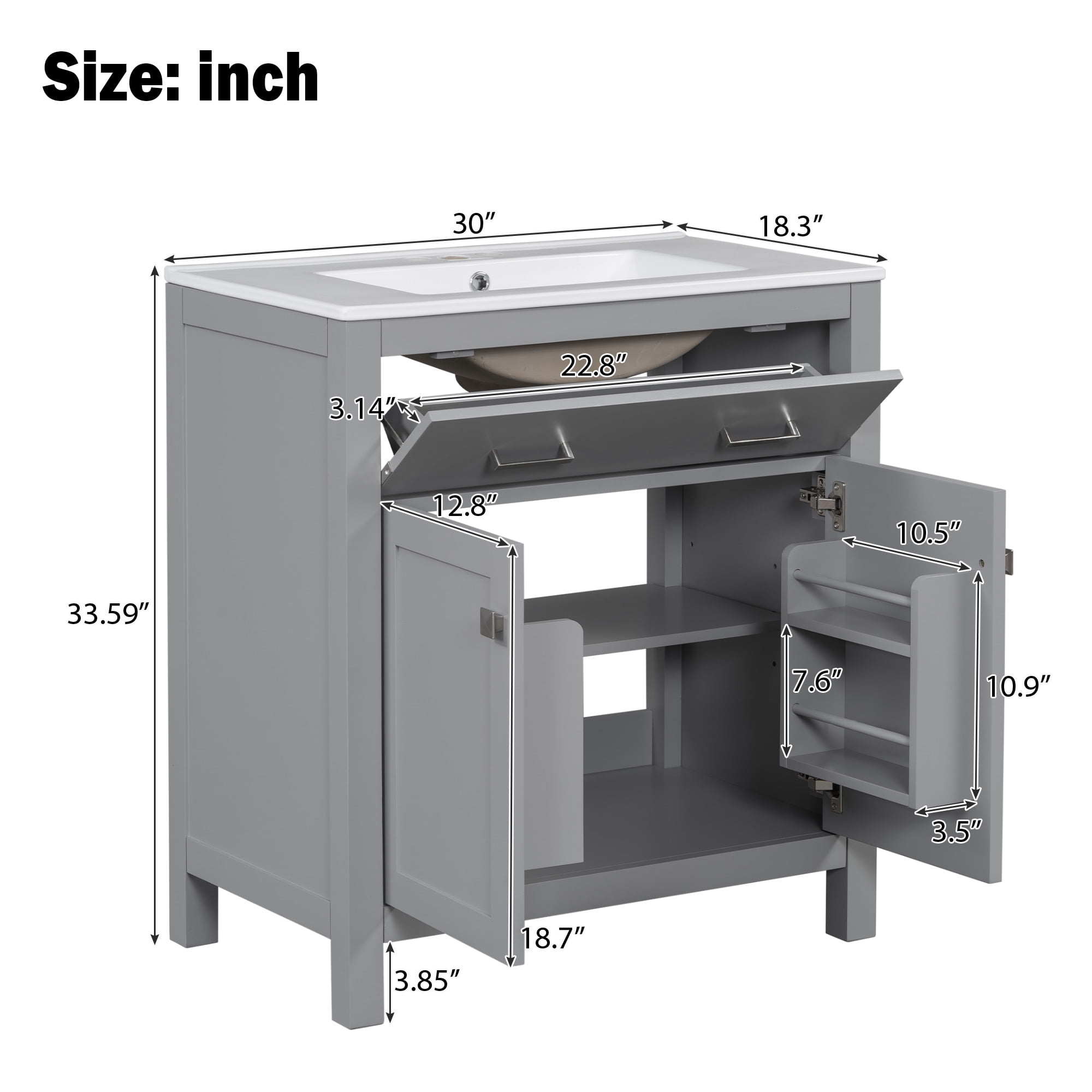 Euroco 30" Bathroom Vanity with Ceramic Sink – Solid Wood Frame, Soft-Close Doors, U-Shaped Adjustable Shelf,Compact Storage Cabinet for Small Bathrooms