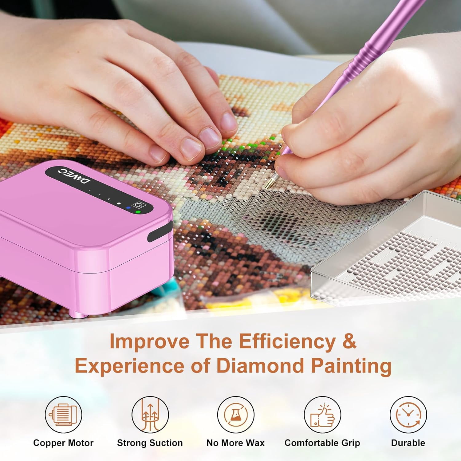 Diamond Art Painting Pen, 1500mAh Rechargebale Vacuum Diamond Art Pen Kits for Adults with USB Charge, Electric Diamond Art Accessories Tools with Storage Tray, 3 Mode Suction and Low Noise (Pink)