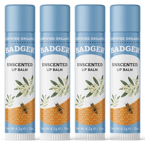 Badger Classic Lip Balm, Unscented, 0.15 oz (4 Pack)