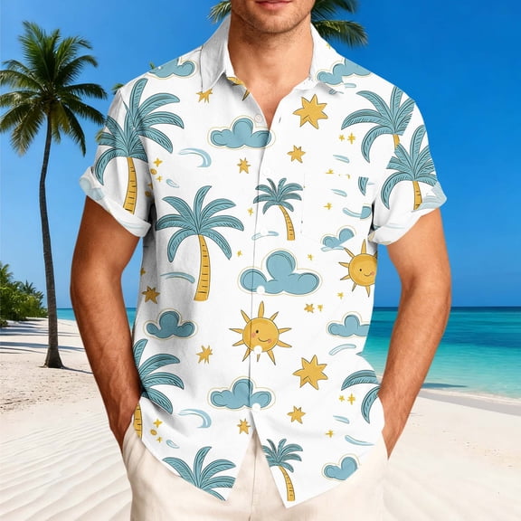 Fnnxeal Mens Tropical Hawaiian Shirt Short Sleeve Button Down, Palm Tree & Sun Print Summer Beach Shirt, Yellow,Size 3XL