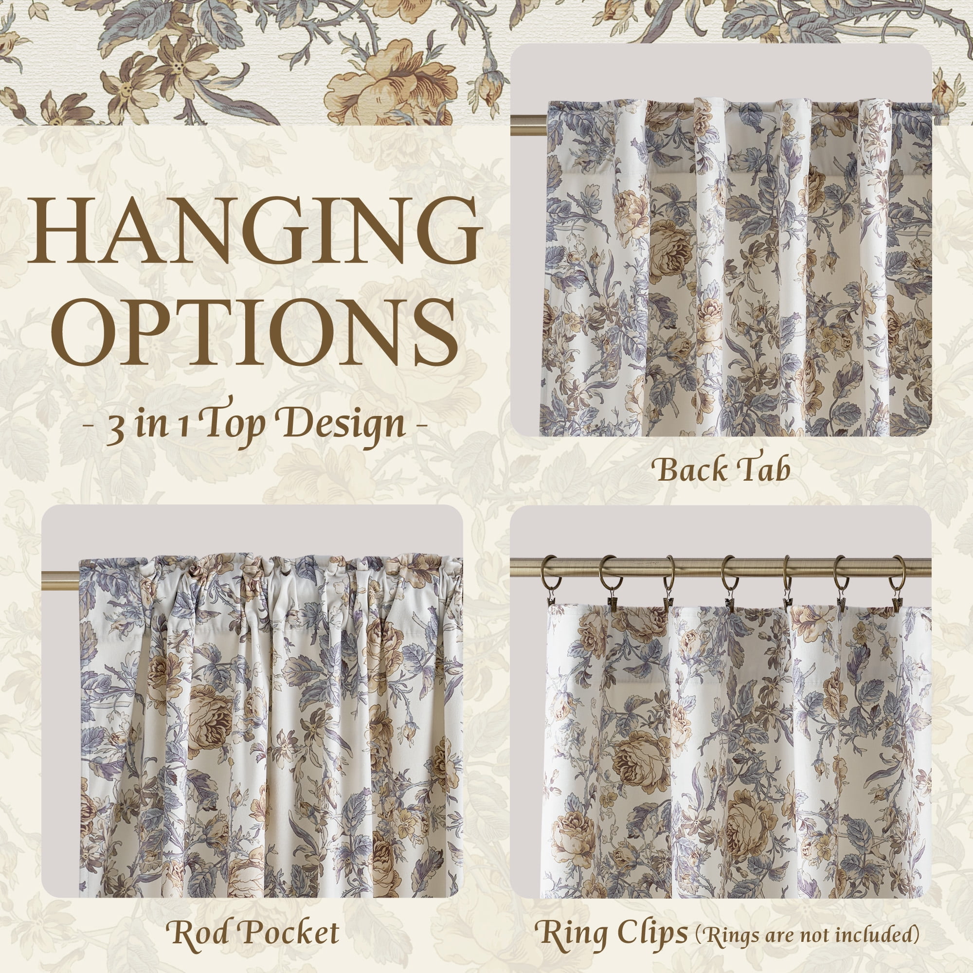 StangH Floral Velvet Curtains Vintage Peony Pattern Curtains French Country Room Darkening for Living Room, Beige, W52 x L84, 2 Panels