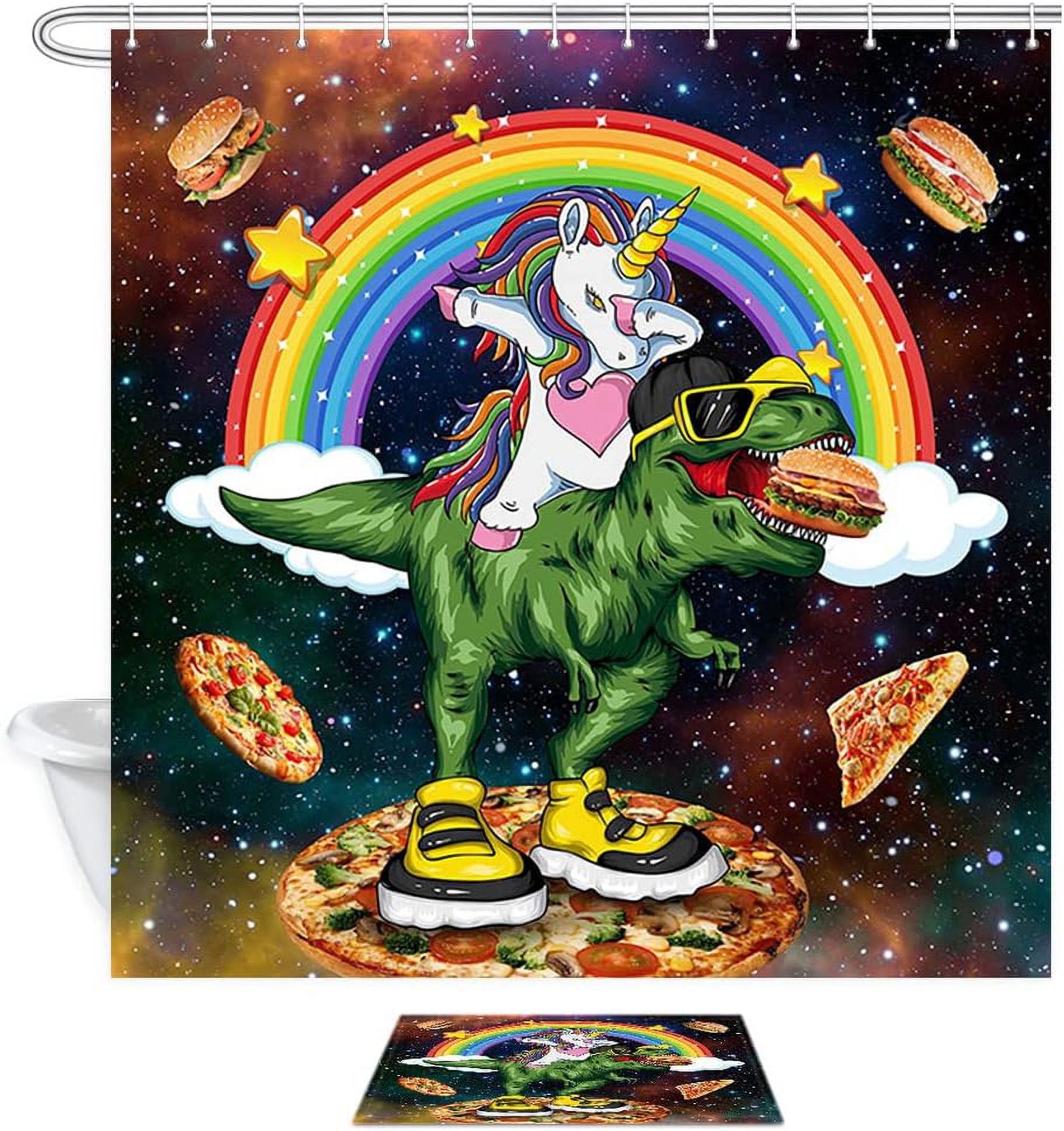 Cute Kids Shower Curtain Sets with Non-Slip Rug Cool Unicorn Riding Dinosaur Shower Curtain Set for Kids, Unicor Bathroom Decor for Kids