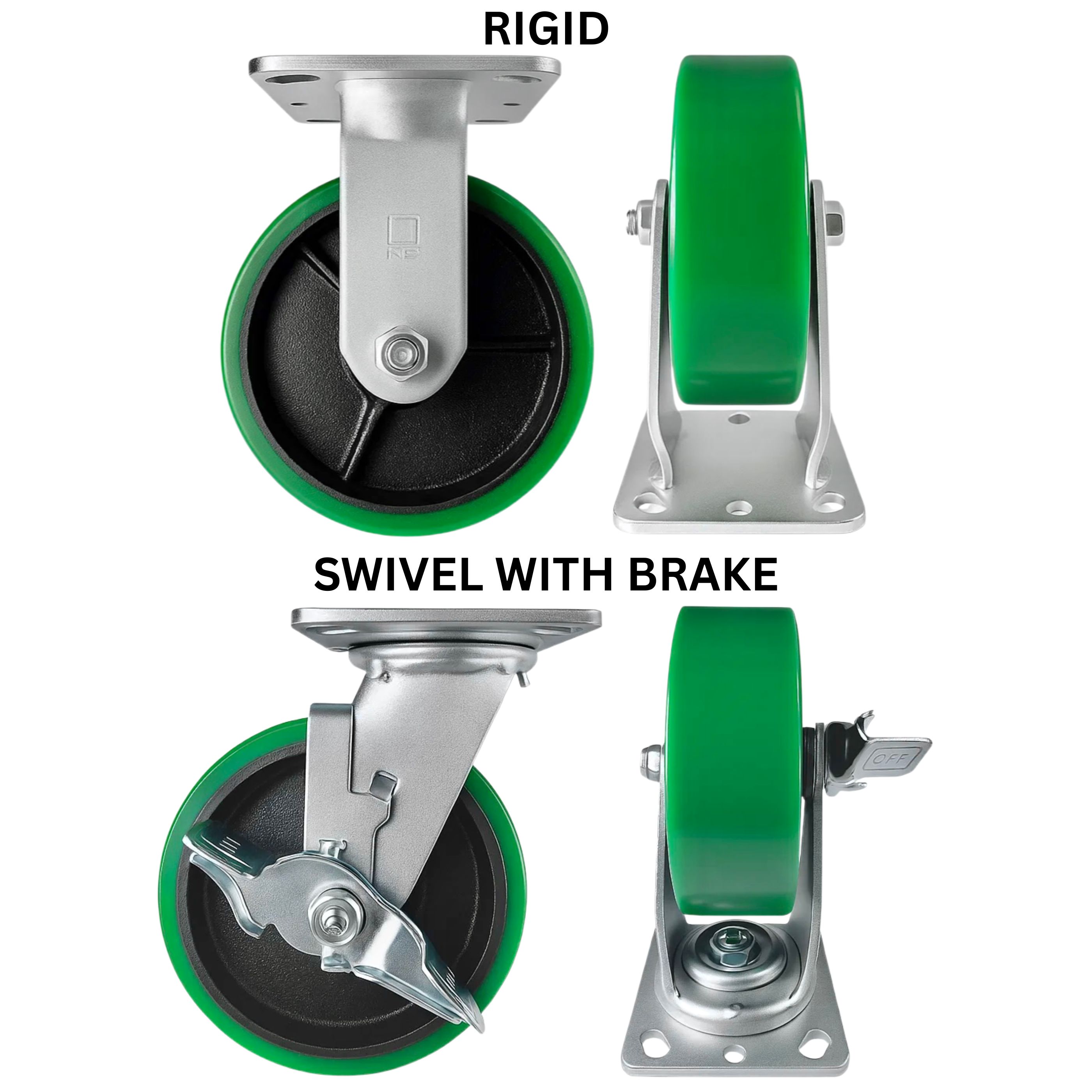 4 Heavy Duty Caster Set 6" Green Polyurethane on Cast Iron Wheels - 2 Rigid + 2 Swivel with Brake