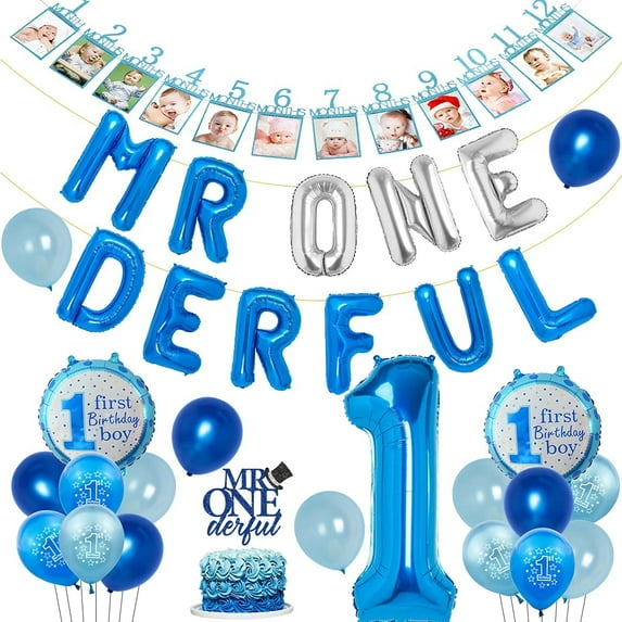 Mr Onederful 1st Birthday Decorations Blue Gold for Boys with Mr Wnederful Balloons Banner Monthly Photo Banner Cake Topper, Little Man Newborn First Birthday Party Supplies