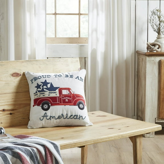VHC Brands Patriotic Proud To Be An American Blue Stars On Red Truck Pillow 18x18, Throw Pillow, Fourth of July Decoration, Americana, Independence Day Decor