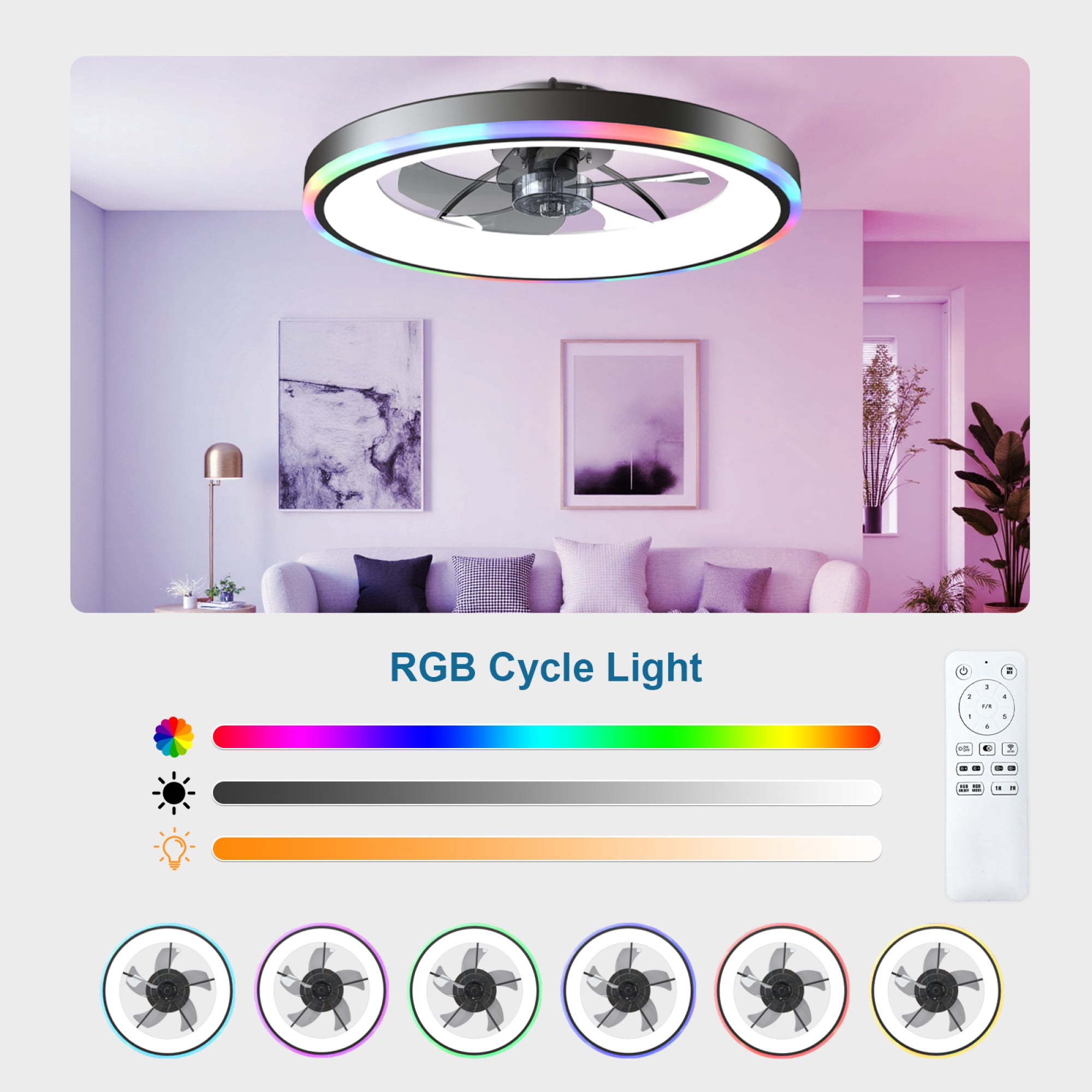 Leumius 23.6" Modern RGB Ceiling Fan with Lights, Flush Mount Low Profile Fan with Remote & APP, 6-Speed Reversible Silent DC Motor, Dimmable 3000-6500K LED for Bedroom Living Room Black