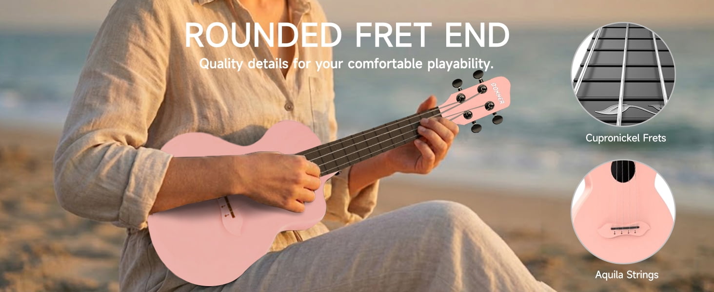 Donner 23’’ Carbon Fiber Travel Ukulele with Beginner Kit with Bag, Pink